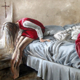 Meisie by die bed canvas print of a girl praying by her bed, art by Maria Magdalena Oosthuizen