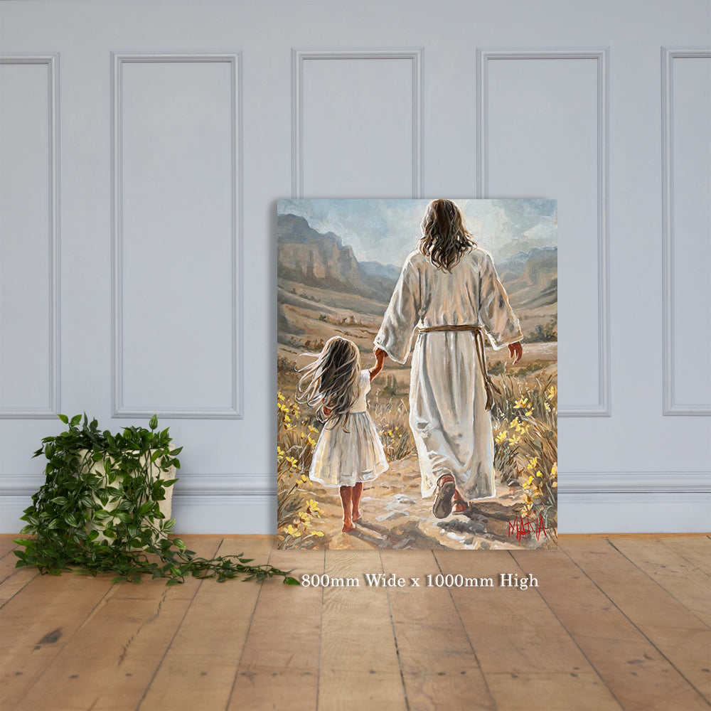 The Way Home — 800 x 1000mm canvas print on a white wall, Jesus and a girl on a path with yellow wildflowers by Maria Magdalena Oosthuizen | South African Christian art | House of Maria