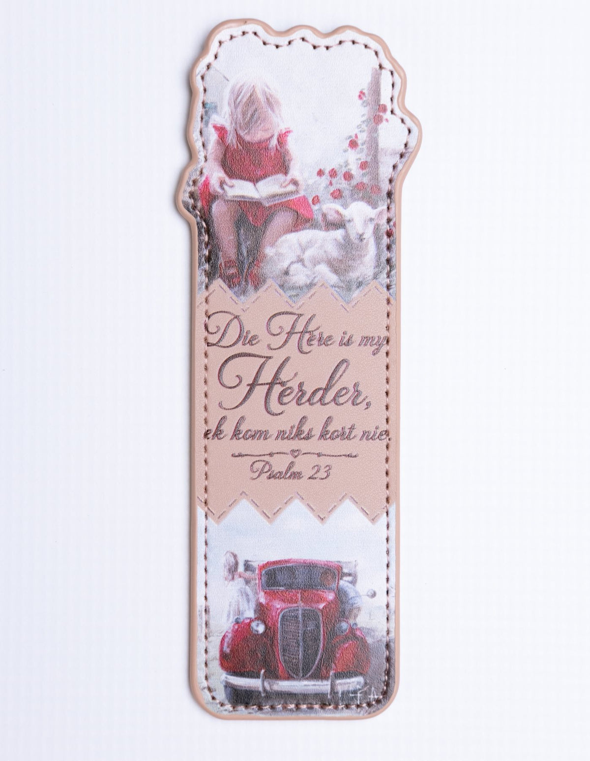 Once Upon a Lamb & Oppi Trokkie — leather-look bookmark with Die Here is my Herder by Maria Magdalena Oosthuizen | Scripture bookmark | House of Maria