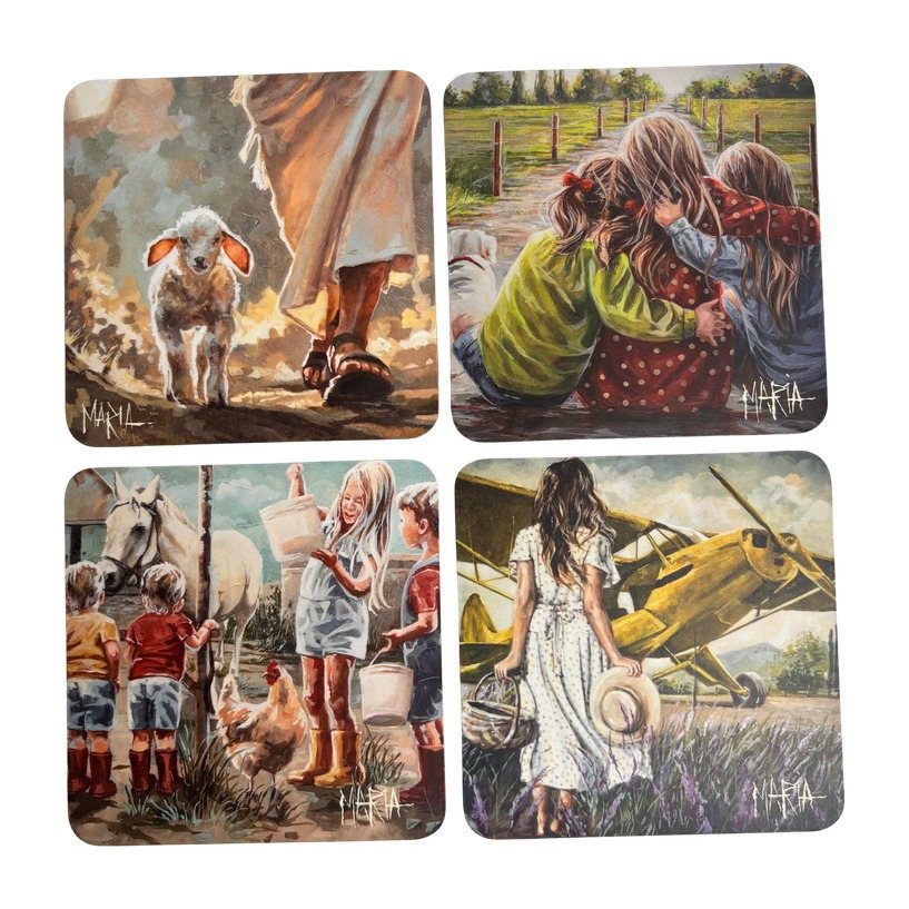 Sienna Set — four coasters with The Shepherd, Sienna and family scenes by Maria Magdalena Oosthuizen | art coaster set | House of Maria