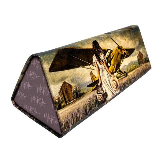Sienna — triangular glasses case with a girl beside a yellow plane by Maria Magdalena Oosthuizen | art glasses case | House of Maria