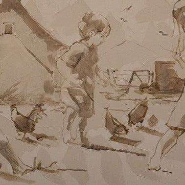Baljaar tussen die hoenders A3 farm scene print by Maria Magdalena Oosthuizen