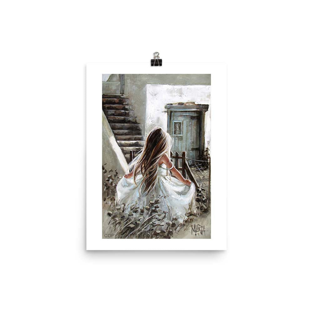 Fine art print of a girl in a white dress standing by a staircase, predominantly in shades of white and gray with a splash of color.Maria - House of Maria