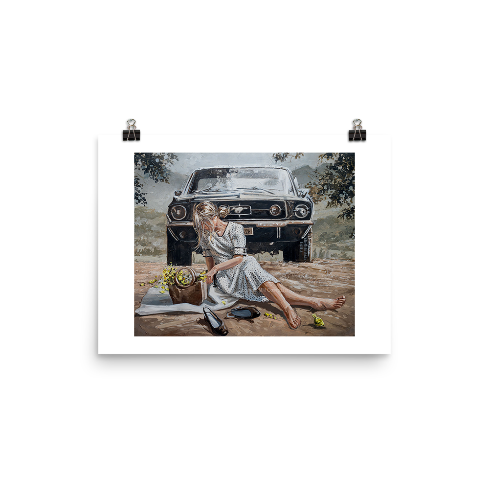 A painting depicting a woman sitting on the ground in front of a vintage car, with a picnic basket and yellow flowers nearby.