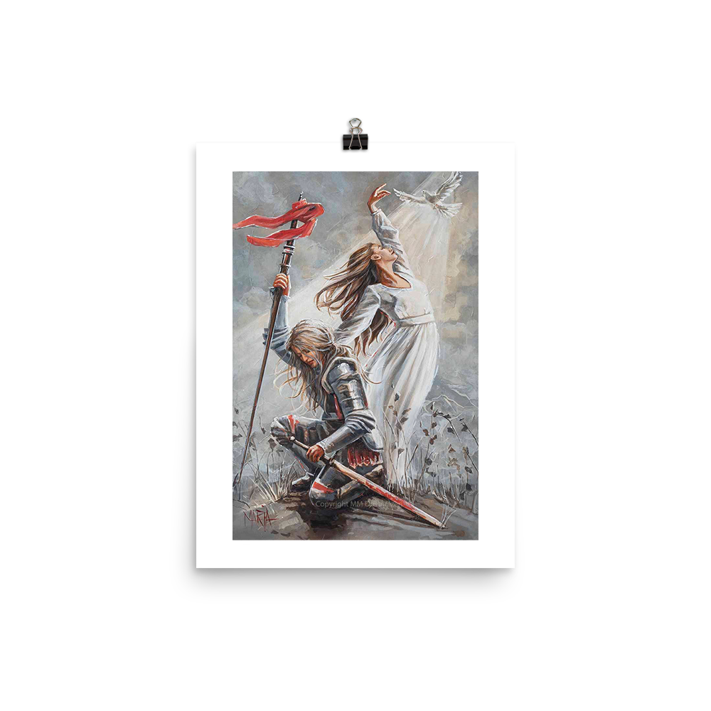 A artwork print featuring a person in armor kneeling and holding a sword, with a white dress and a red object, possibly a bow, in the background.