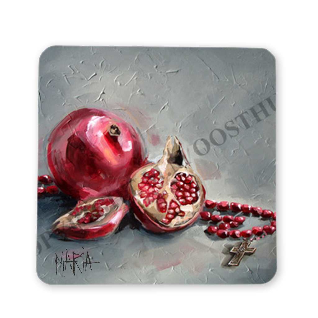 Pomegranate art coaster featuring original artwork by Maria Magdalena Oosthuizen