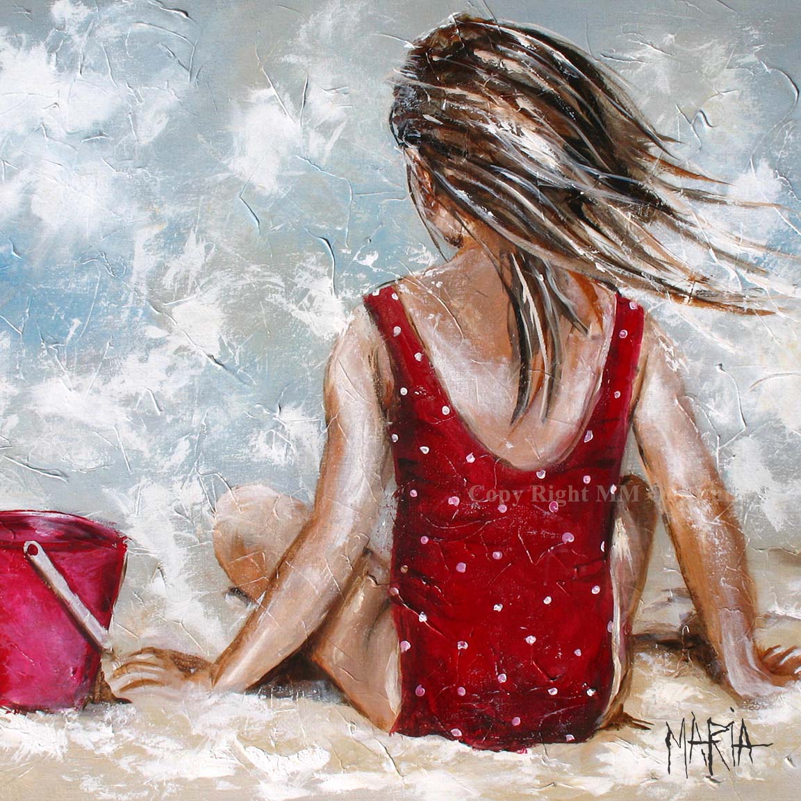 Polka Dots On The Beach fine art print by Maria Oosthuizen, whimsical seaside scene on A3 paper with white border.