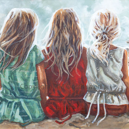 Seaside Whispers canvas print by House of Maria — three sisters sitting on the beach looking out at the ocean — fine art beach canvas print