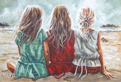 Seaside Whispers canvas print by House of Maria — three sisters sitting on the beach looking out at the ocean — fine art beach canvas print