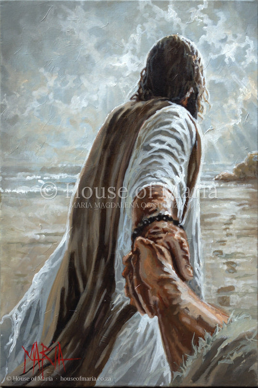 Prodigal Son — Jesus reaching back and holding a hand, leading toward the light by Maria Magdalena Oosthuizen, full view of the artwork | fine art painting | House of Maria