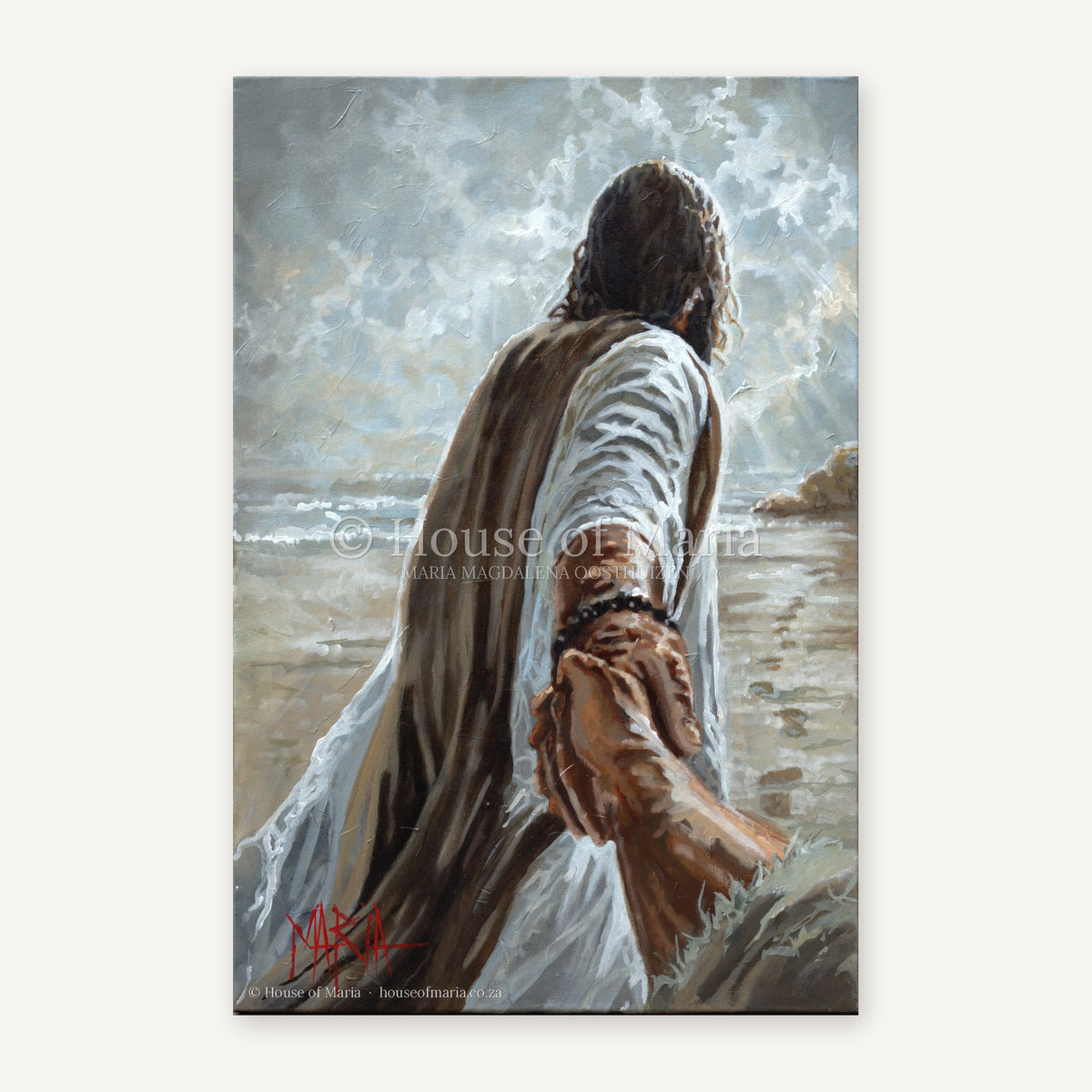 Prodigal Son — Jesus reaching back and holding a hand, leading toward the light by Maria Magdalena Oosthuizen, original painting | Christian faith art | House of Maria