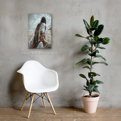Prodigal Son — Jesus reaching back and holding a hand, leading toward the light by Maria Magdalena Oosthuizen, 400 x 600mm canvas print on a grey wall | canvas print wall art | House of Maria