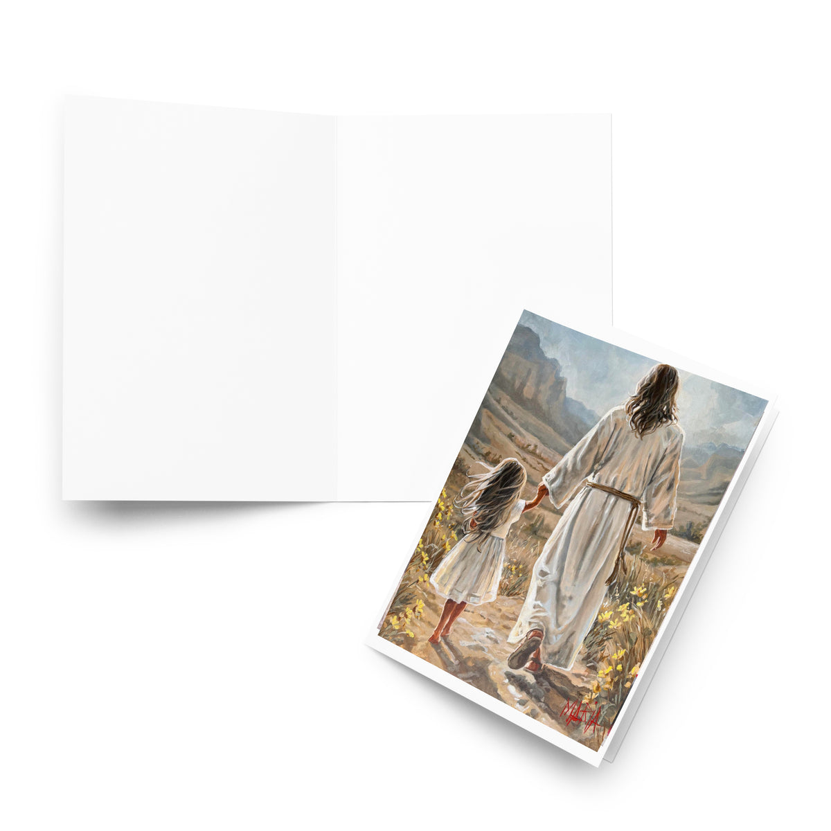 The Way Home — blank greeting card open inside, Woman Worthy 2026 artwork by Maria Magdalena Oosthuizen | Christian card with envelope | House of Maria