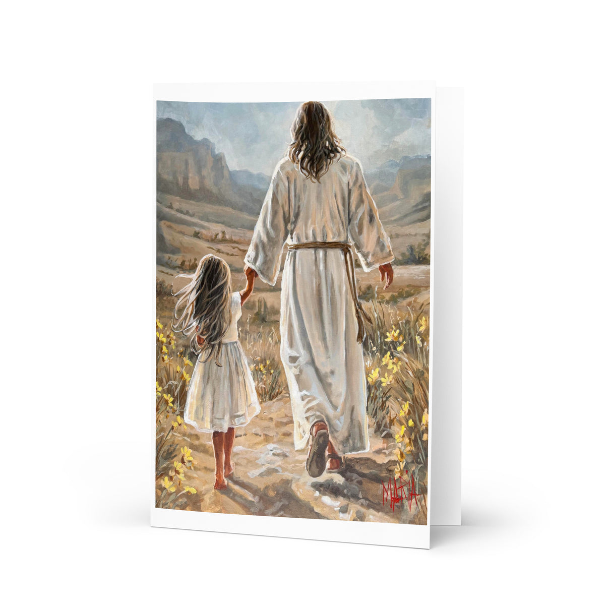 The Way Home — greeting card with Jesus walking hand in hand with a little girl by Maria Magdalena Oosthuizen | faith greeting card | House of Maria
