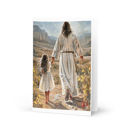 The Way Home — greeting card with Jesus walking hand in hand with a little girl by Maria Magdalena Oosthuizen | faith greeting card | House of Maria