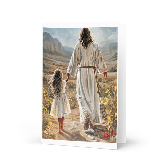 The Way Home — greeting card with Jesus walking hand in hand with a little girl by Maria Magdalena Oosthuizen | faith greeting card | House of Maria