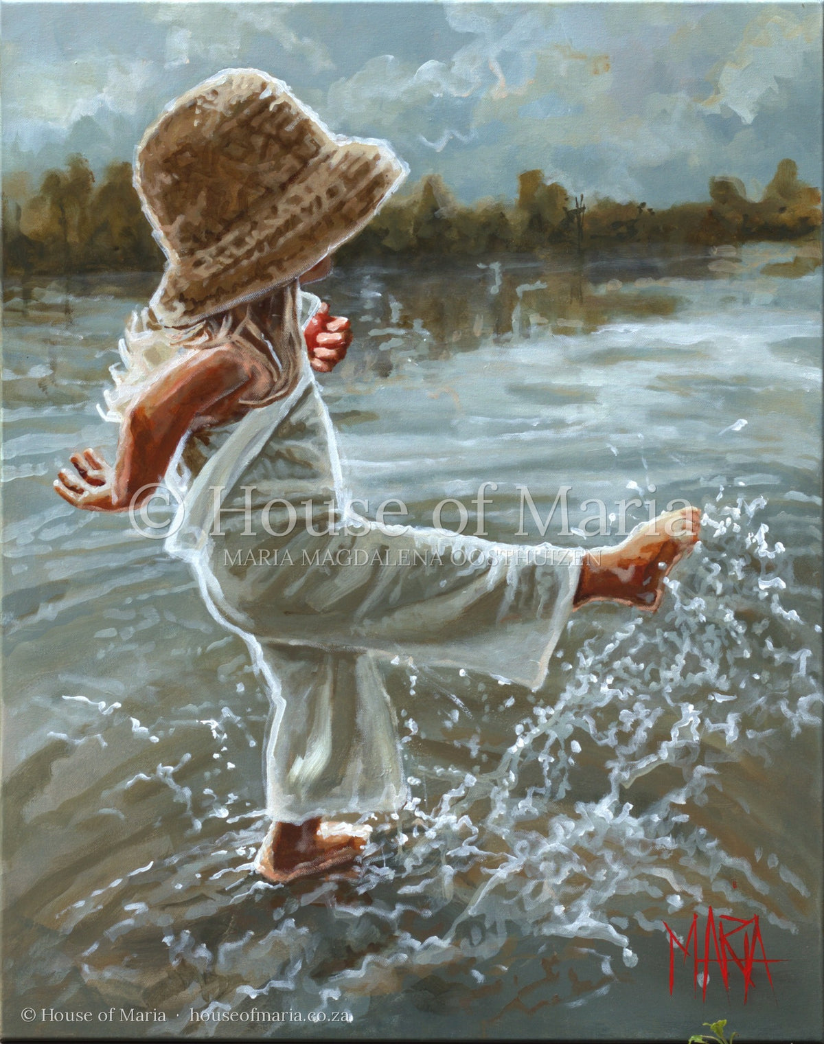 Lost in the Moment — a little girl in a straw hat splashing barefoot in the water by Maria Magdalena Oosthuizen, full view of the artwork | fine art painting | House of Maria