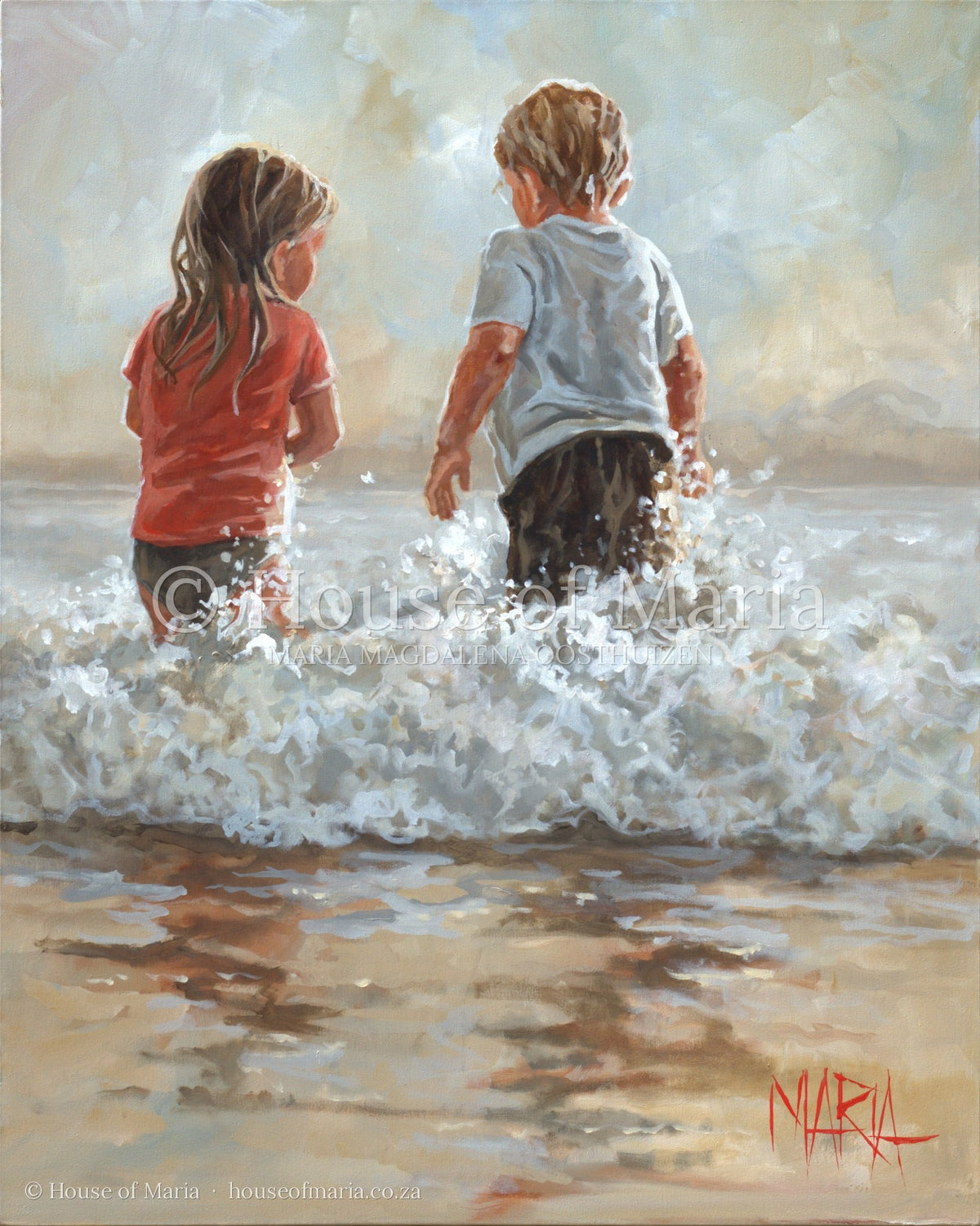 Into the Waves — two children running into the ocean waves by Maria Magdalena Oosthuizen, full view of the artwork | fine art painting | House of Maria