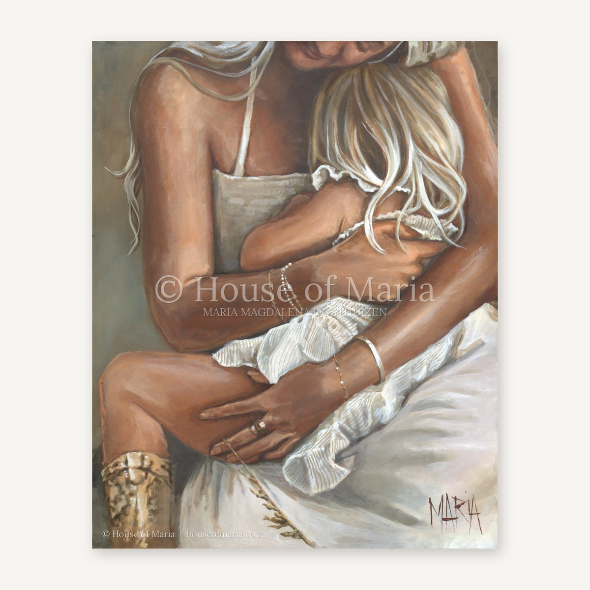 Safe in Her Arms — a mother holding her little girl close on her lap by Maria Magdalena Oosthuizen, original painting | mother and child art | House of Maria