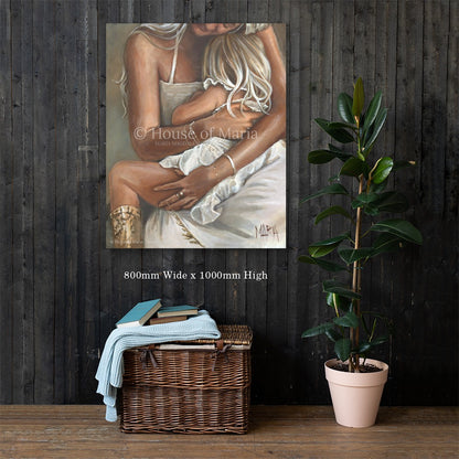Safe in Her Arms — a mother holding her little girl close on her lap by Maria Magdalena Oosthuizen, 800 x 1000mm canvas print on a dark wood wall | canvas print wall art | House of Maria
