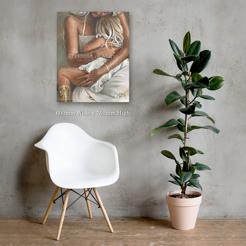 Safe in Her Arms — a mother holding her little girl close on her lap by Maria Magdalena Oosthuizen, 600 x 750mm canvas print on a grey wall | canvas print wall art | House of Maria
