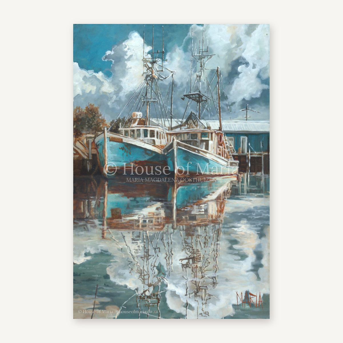 Beyond the Shore — two turquoise fishing boats reflected in a still harbour by Maria Magdalena Oosthuizen, original painting | harbour seascape art | House of Maria