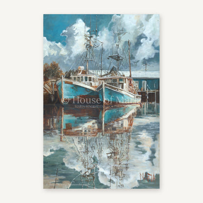 Beyond the Shore — two turquoise fishing boats reflected in a still harbour by Maria Magdalena Oosthuizen, original painting | harbour seascape art | House of Maria