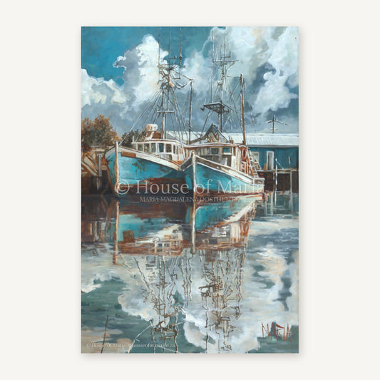 Beyond the Shore — two turquoise fishing boats reflected in a still harbour by Maria Magdalena Oosthuizen, original painting | harbour seascape art | House of Maria