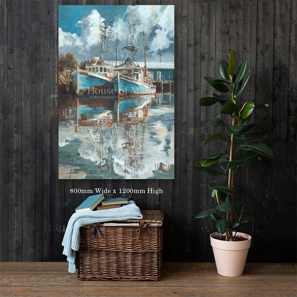 Beyond the Shore — two turquoise fishing boats reflected in a still harbour by Maria Magdalena Oosthuizen, 800 x 1200mm original shown on a dark wood wall | original art for the home | House of Maria