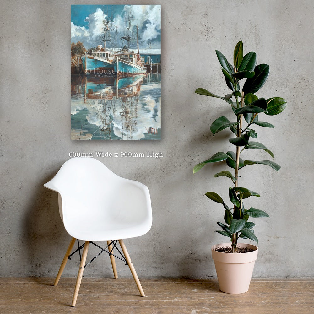 Beyond the Shore — two turquoise fishing boats reflected in a still harbour by Maria Magdalena Oosthuizen, 600 x 900mm canvas print on a grey wall | canvas print wall art | House of Maria