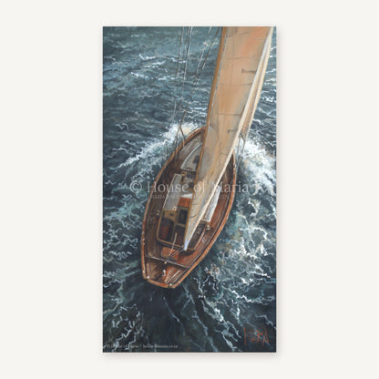 Oceans of Grace — a wooden sailboat under full sail seen from above by Maria Magdalena Oosthuizen, original painting | ocean wall art | House of Maria