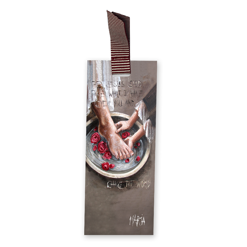 Foot washing scene — faith art bookmark 'Voetewas' by Maria Magdalena Oosthuizen | House of Maria