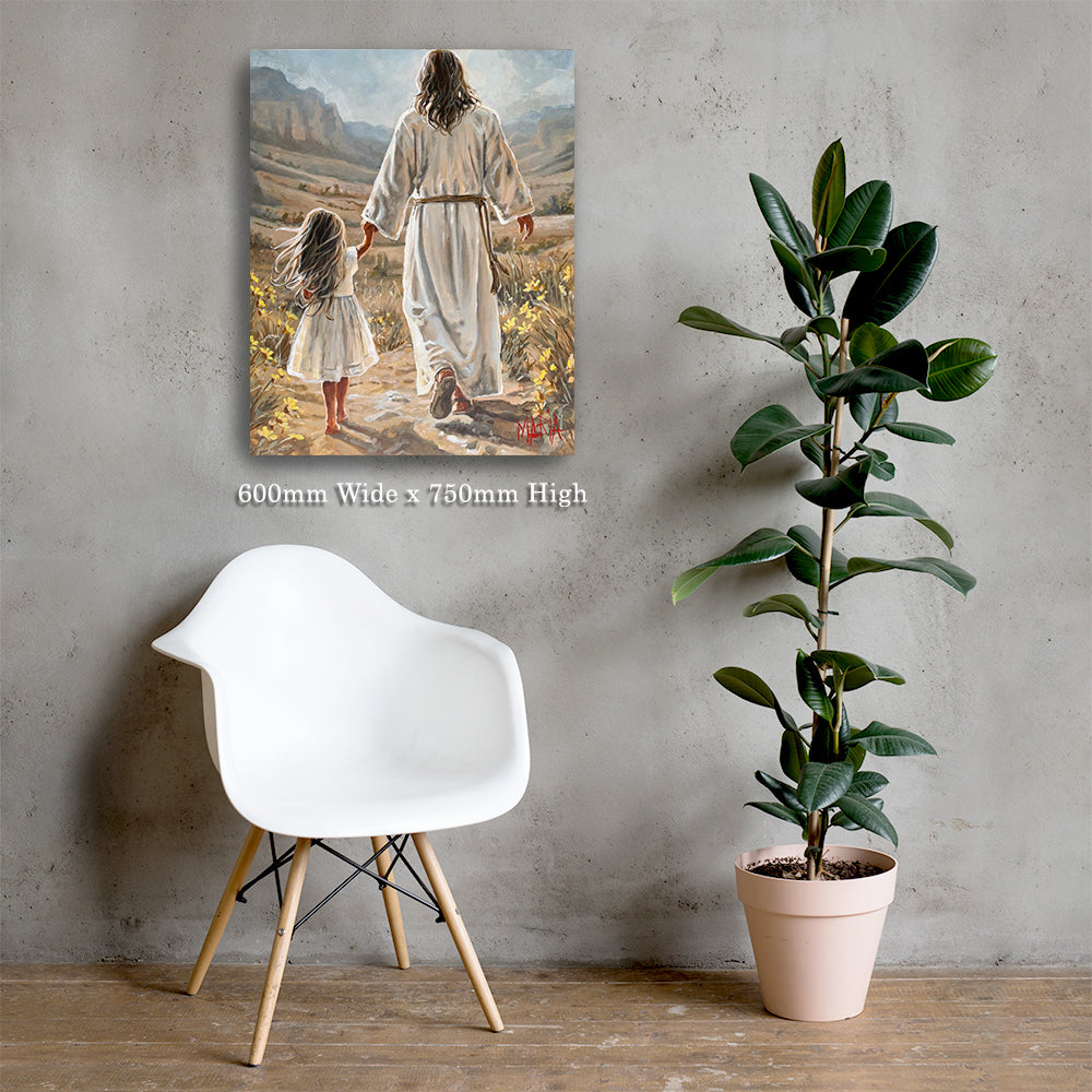 The Way Home — 600 x 750mm canvas print on a grey wall, Jesus leading a child through a golden valley by Maria Magdalena Oosthuizen | Woman Worthy 2026 artwork | House of Maria