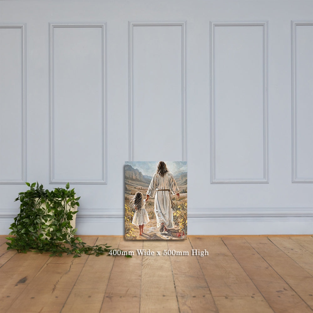 The Way Home — 400 x 500mm canvas print on a white wall, Jesus and a little girl walking home by Maria Magdalena Oosthuizen | faith canvas art | House of Maria
