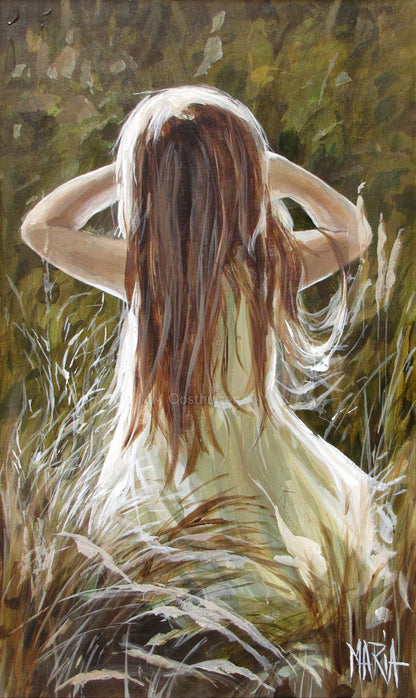 Here is a description of the acrylic painting "House of Maria A3 fine art print" by Maria Oosthuizen:

This is an impressionistic acrylic painting depicting a young girl from the back, standing amidst tall grass. The color palette is predominantly muted greens, browns, and whites, creating a soft and dreamy atmosphere. The girl's hair is long and flowing, a mix of light brown and white highlights, cascading down her back. She is wearing a simple, light-colored dress that blends with the surrounding foliage.