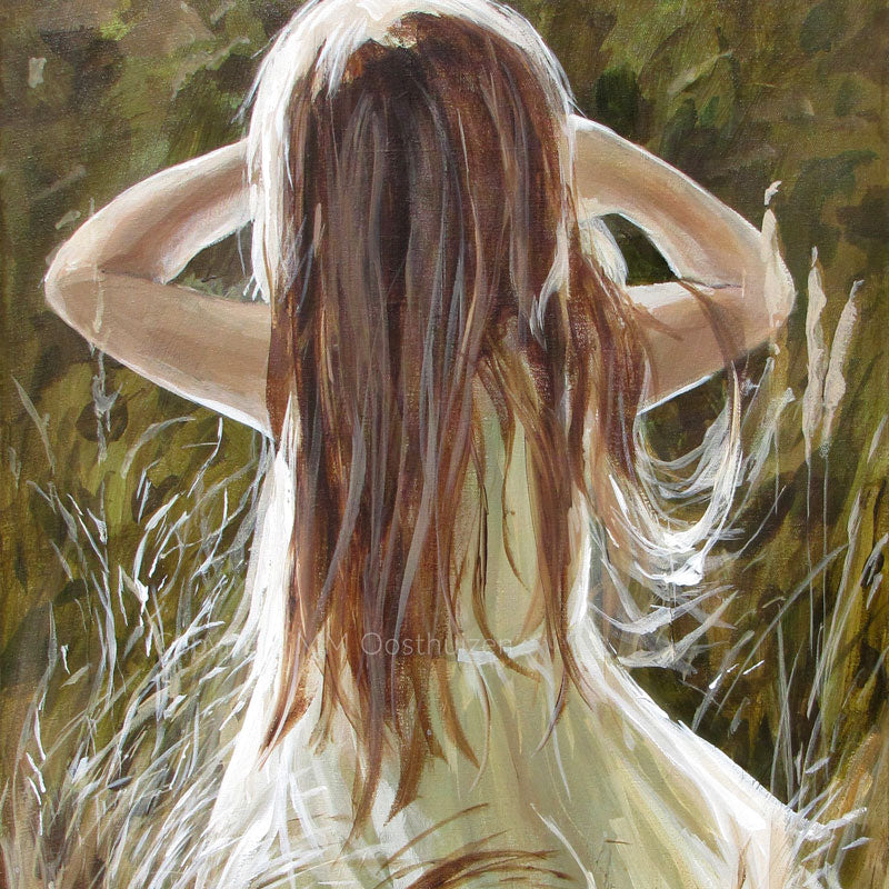 Here is a description of the acrylic painting "House of Maria A3 fine art print" by Maria Oosthuizen:

This is an impressionistic acrylic painting depicting a young girl from the back, standing amidst tall grass. The color palette is predominantly muted greens, browns, and whites, creating a soft and dreamy atmosphere. The girl's hair is long and flowing, a mix of light brown and white highlights, cascading down her back. She is wearing a simple, light-colored dress that blends with the surrounding foliage.