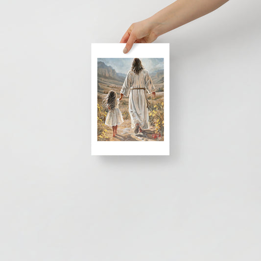 The Way Home — Jesus walking hand in hand with a little girl through a golden valley by Maria Magdalena Oosthuizen | A4 fine art paper print | House of Maria
