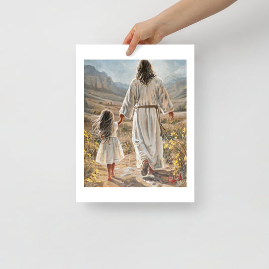 The Way Home — Jesus walking hand in hand with a little girl through a golden valley by Maria Magdalena Oosthuizen | A3 fine art paper print | House of Maria