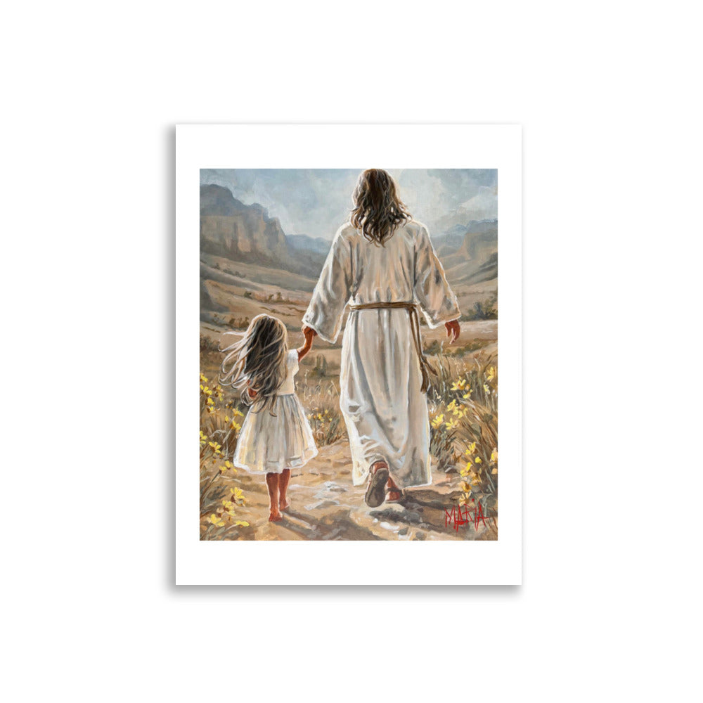 The Way Home — Christian art print of Jesus and a child on a path with yellow wildflowers by Maria Magdalena Oosthuizen | Woman Worthy 2026 artwork | House of Maria