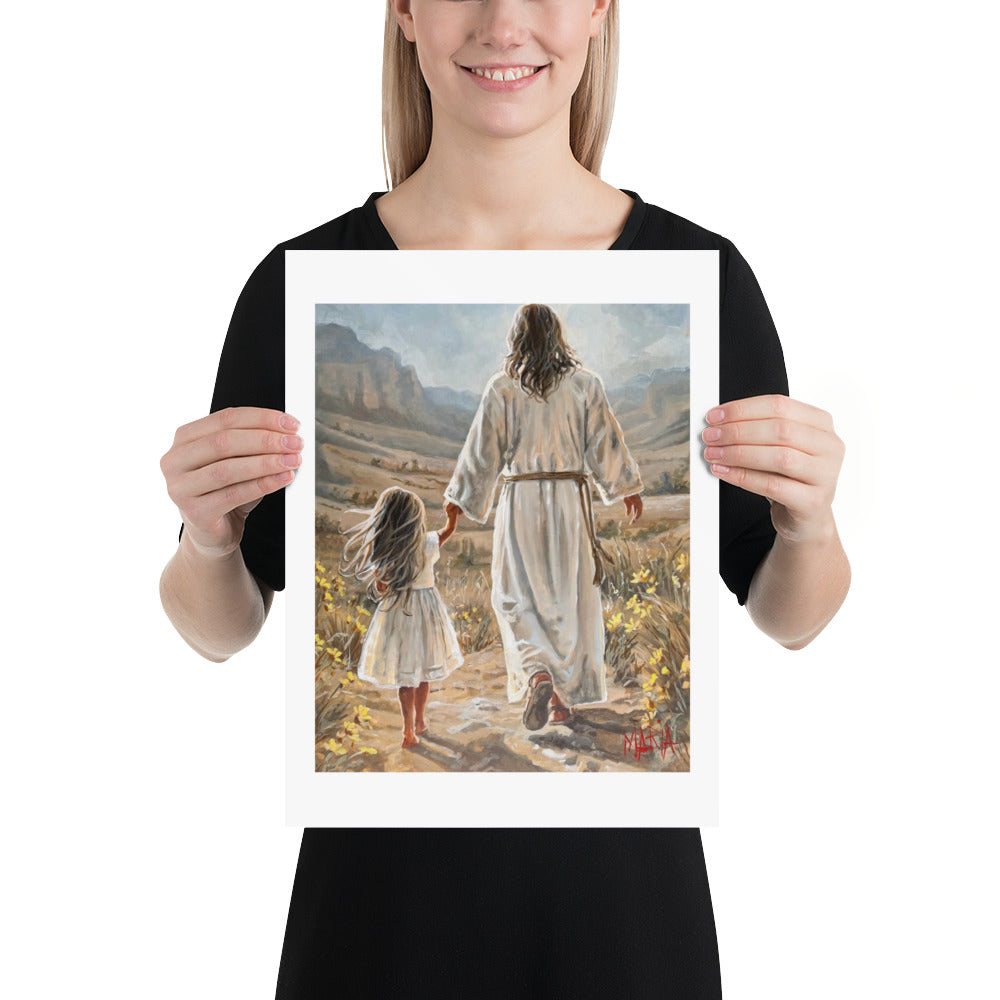 The Way Home — woman holding the A3 print of Jesus leading a little girl home by Maria Magdalena Oosthuizen | South African faith art | House of Maria
