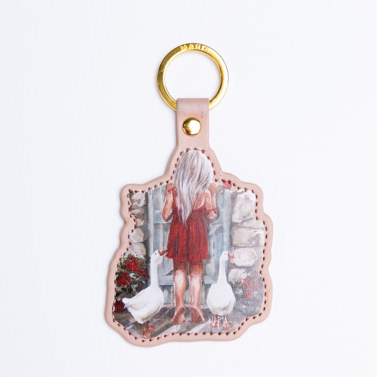 Groen Deur — leather-look key ring of a girl in red at a door by Maria Magdalena Oosthuizen | faith key ring gift | House of Maria