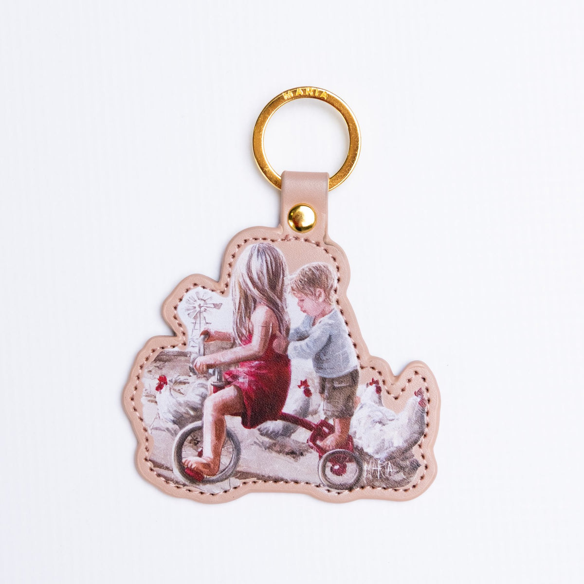 Taxi — leather-look key ring of a girl on a red tricycle with her brother by Maria Magdalena Oosthuizen | faith key ring gift | House of Maria