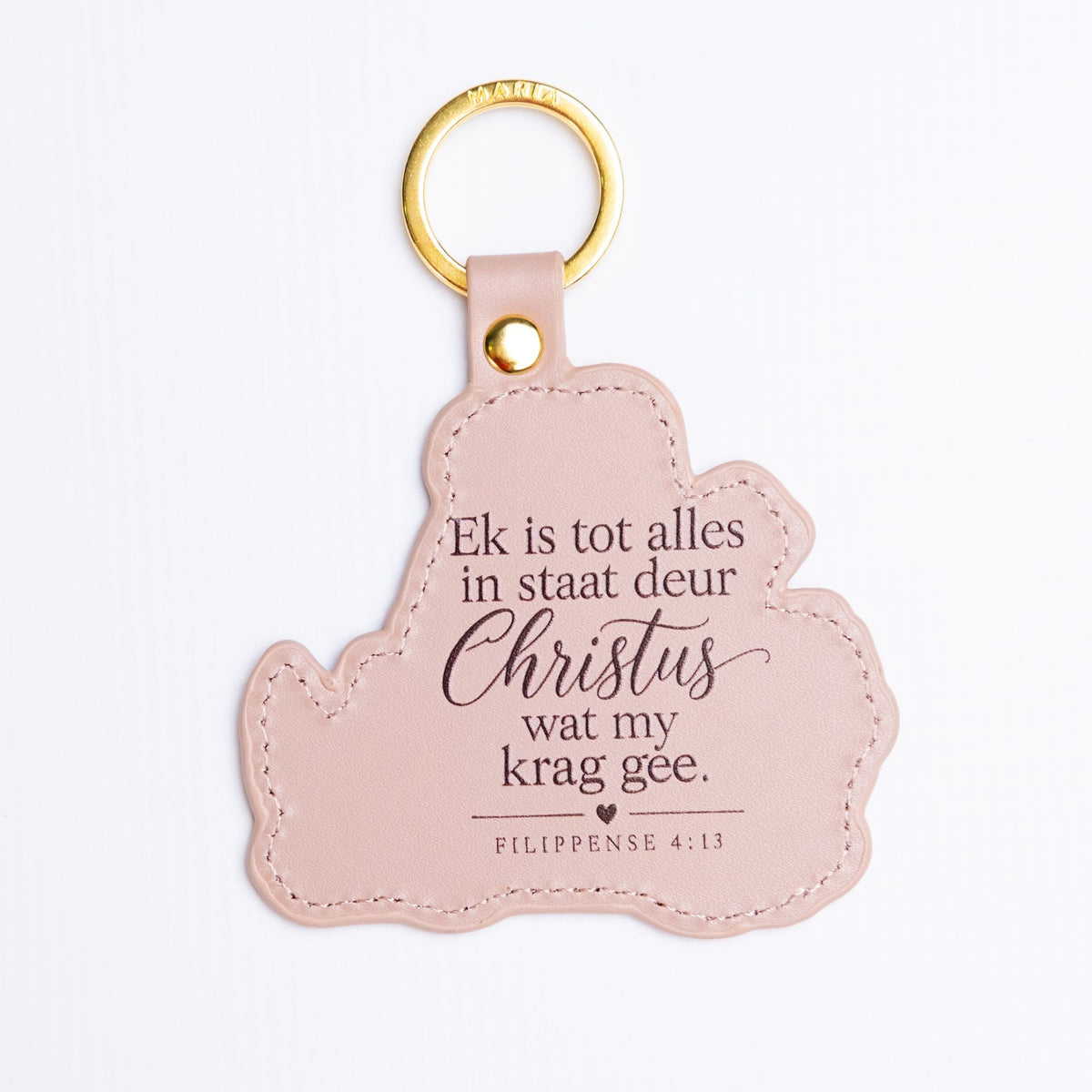 Taxi key ring back — Ek is tot alles in staat deur Christus, Filippense 4:13 by Maria Magdalena Oosthuizen | Christian key ring | House of Maria