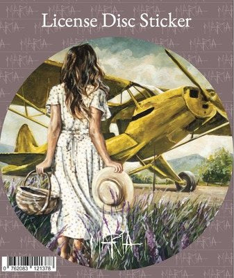 Sienna — license disc sticker of a girl beside a yellow plane by Maria Magdalena Oosthuizen | car license disc art | House of Maria
