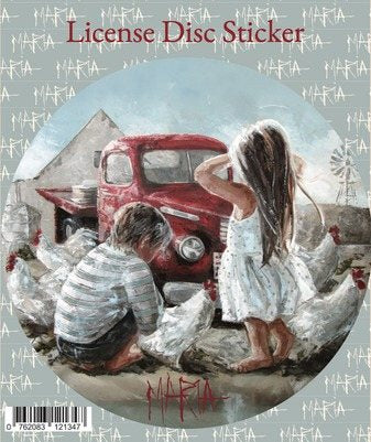 Ou Trokkie — license disc sticker of children with chickens and a red truck by Maria Magdalena Oosthuizen | car license disc art | House of Maria
