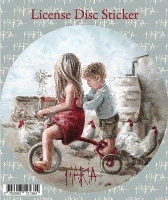 Taxi — license disc sticker of a girl on a red tricycle with her brother by Maria Magdalena Oosthuizen | car license disc art | House of Maria