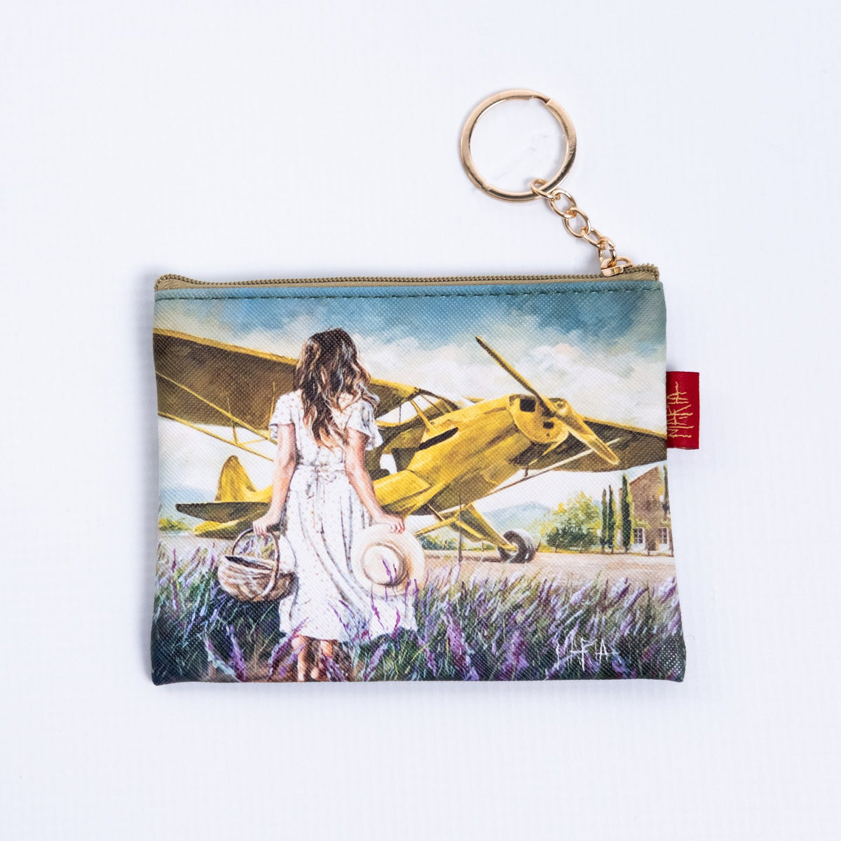 Sienna — zip coin purse with a girl in a white dress beside a yellow plane by Maria Magdalena Oosthuizen | art coin purse gift | House of Maria