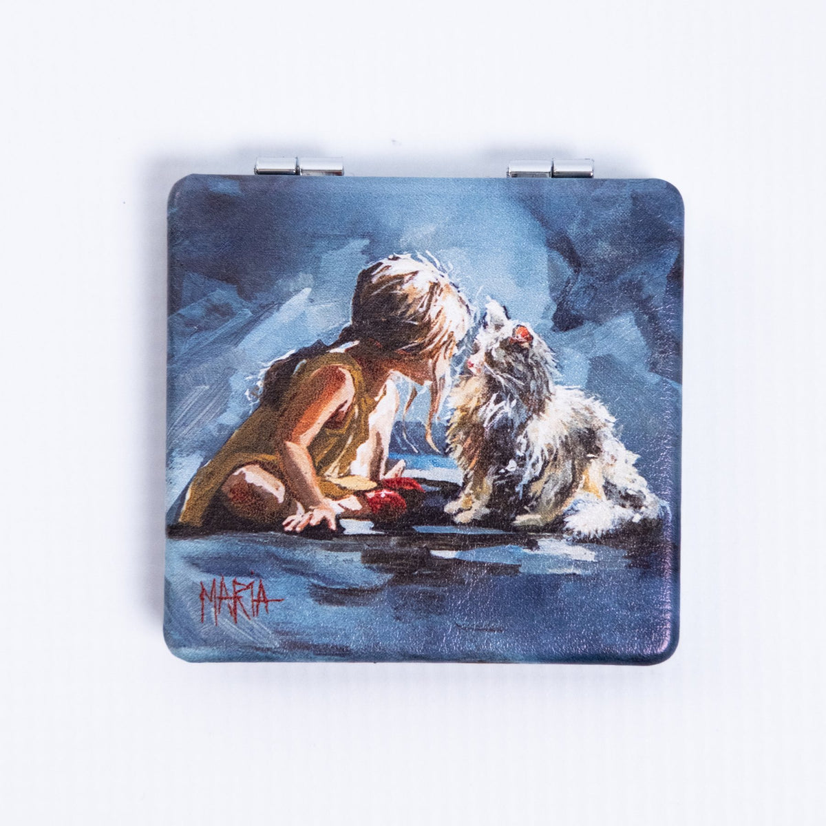 Stories — pocket mirror with a boy and his dog nose to nose by Maria Magdalena Oosthuizen | art pocket mirror | House of Maria