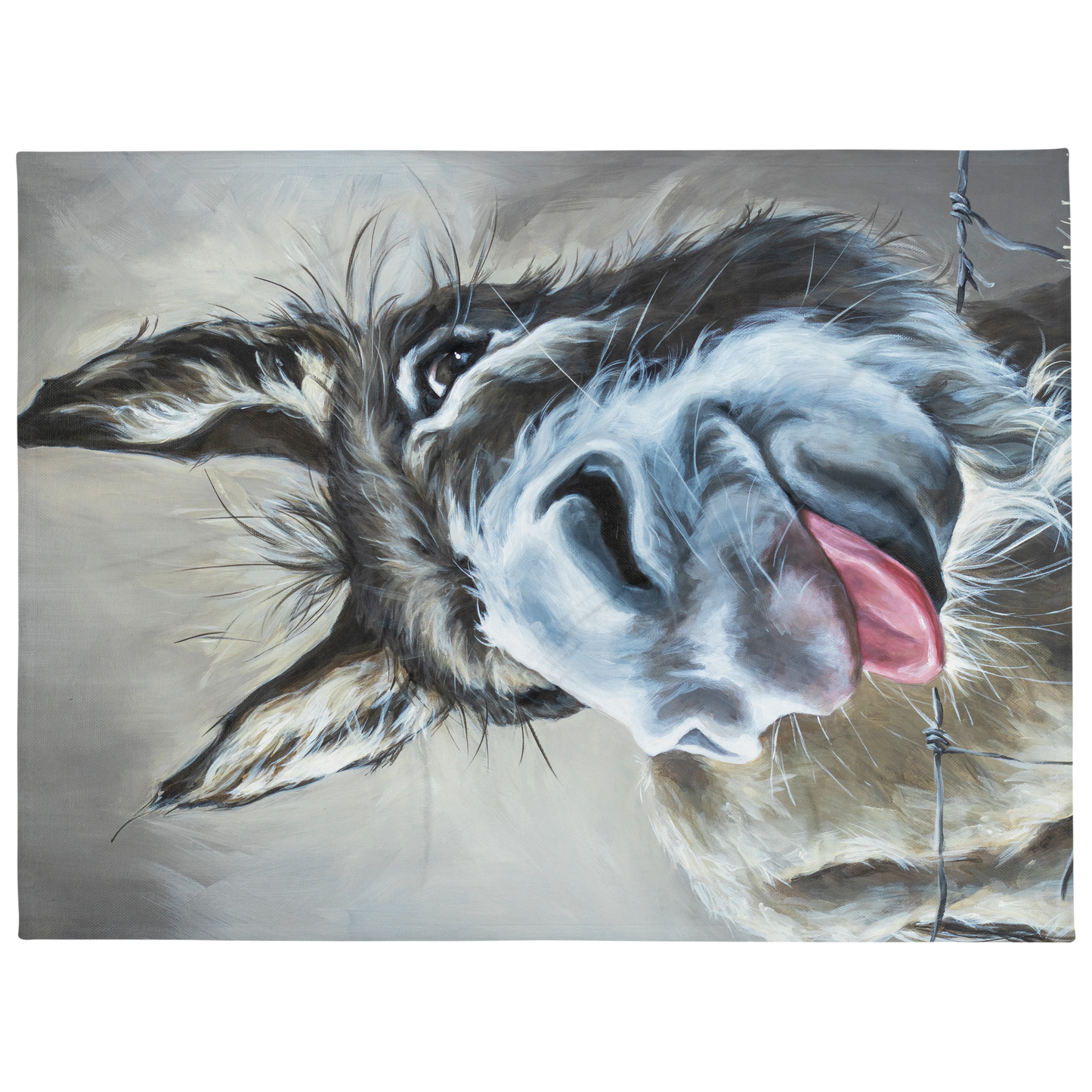 Close-up painting of a donkey's face with a gray background