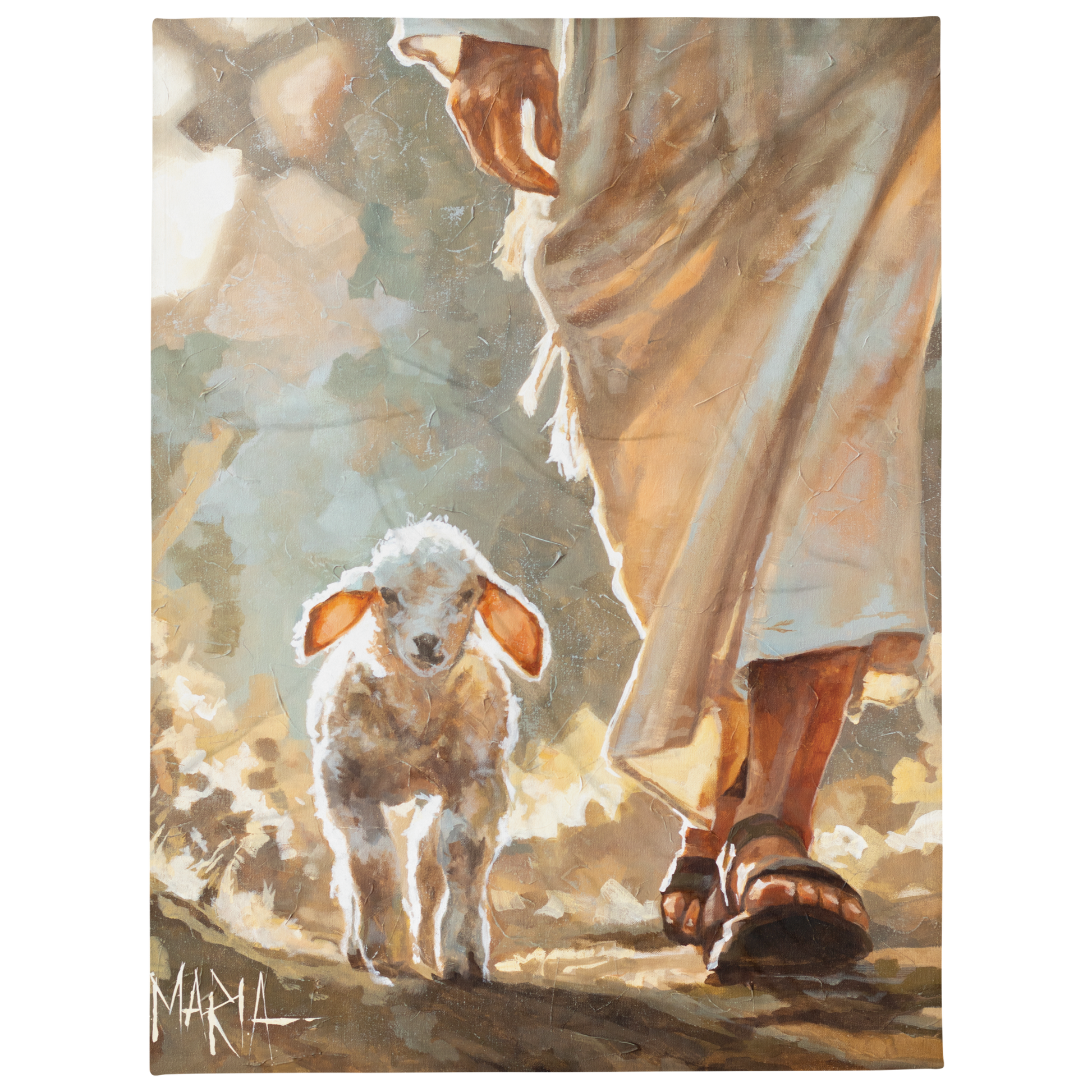Artistic depiction of a person and a sheep in a warm-toned settingTHE SHEPHERD 